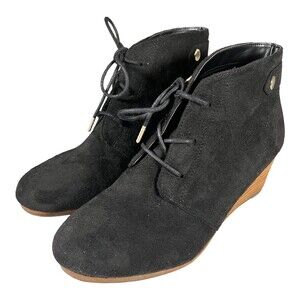 Dr. Scholl's Dynasty Ankle Boot Tie Bootie Wedge Heels Faux Suede Black Size 6M